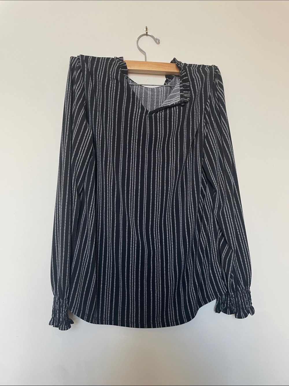 Adrianna Papell Black Blouse with White Pinstripes
